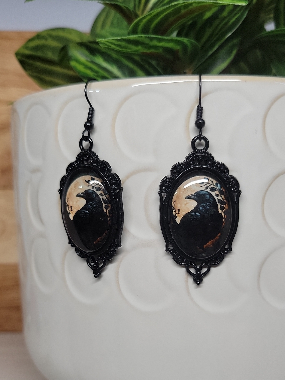 Black Raven Cameo Drop Earrings - Gothic Black Earrings